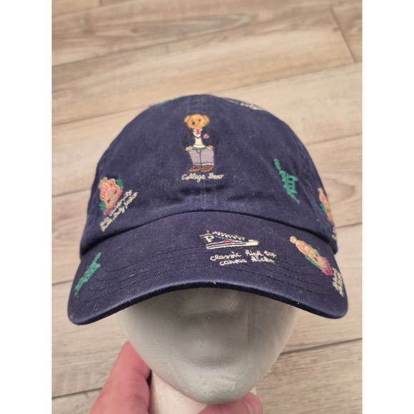 Polo Ralph Lauren Other - Polo Ralph Lauren College‎ Bear Crest All Over Embroidery Navy Blue Hat Mens OS